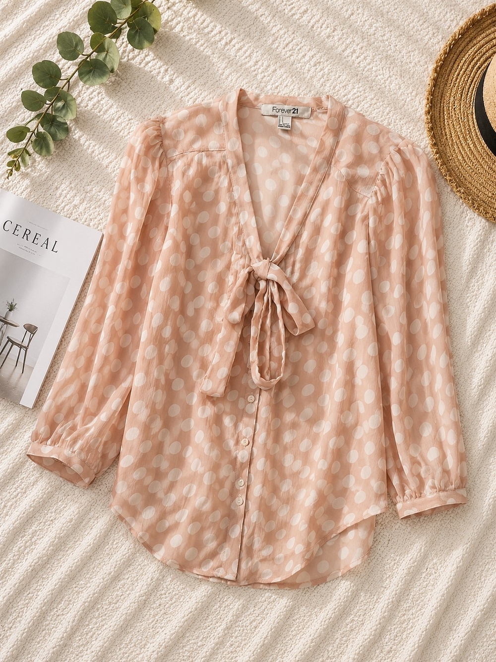Forever 21 Blush Polka Dot Tie-Neck Blouse